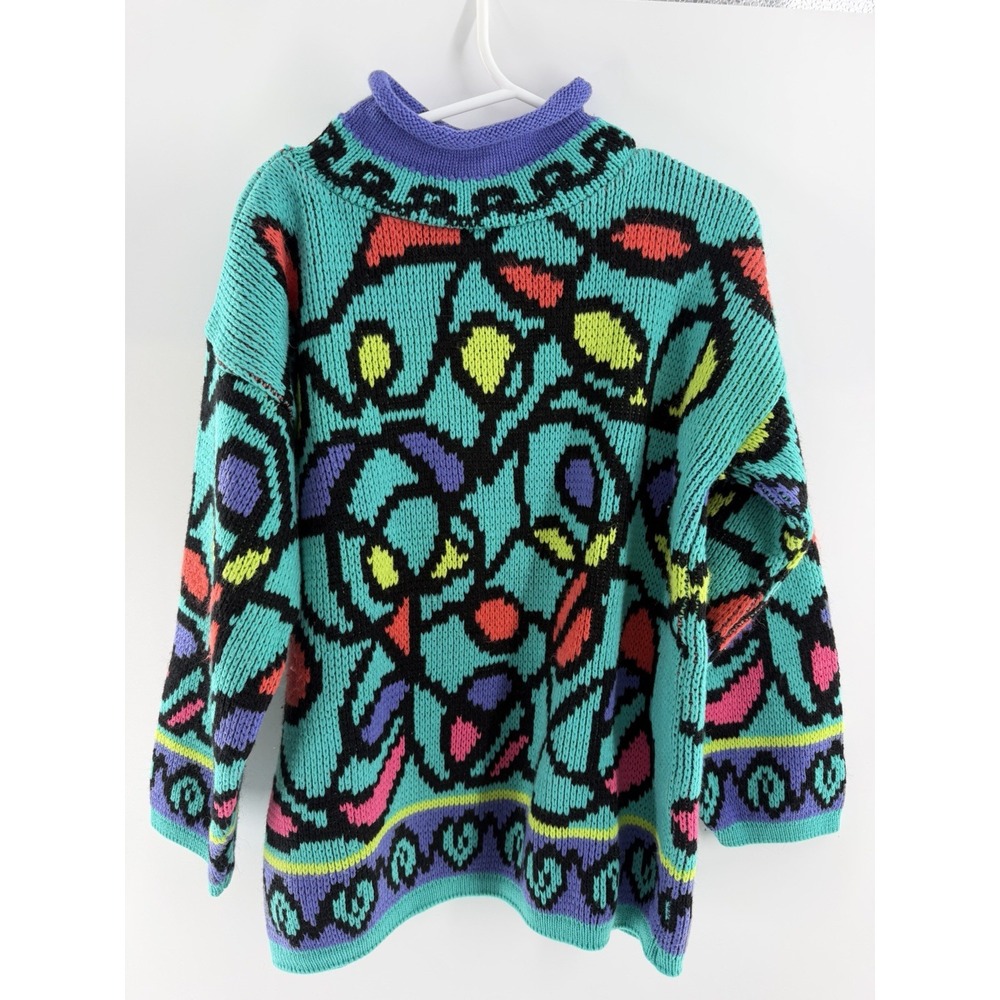 Vintage 80s Geometric Kids Knit Chunky Sweater Retro Funky Streetwear 6x Unisex